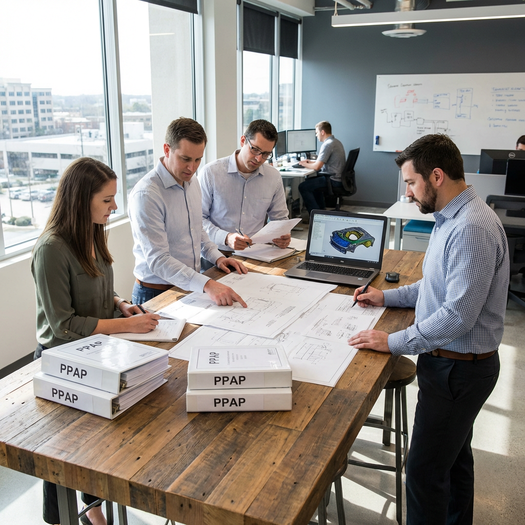 PPAP documentation services engineering team reviewing technical drawings and CAD models in office